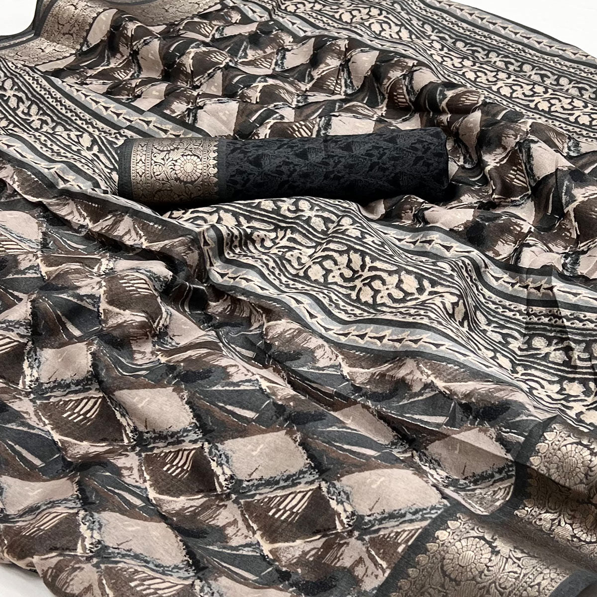 Grey Floral Printed With Woven Dola Silk Saree