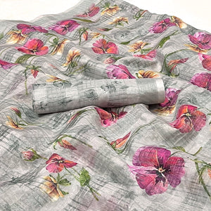 Grey Floral Digital Printed Cotton Silk Saree