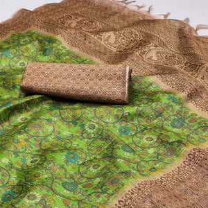 Green Floral Printed Cotton Silk Saree With Tassels