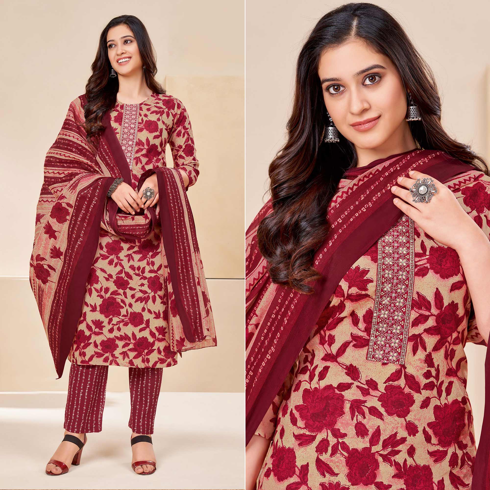 Beige Maroon Printed With Tie Embroidered Pure Cotton Suit