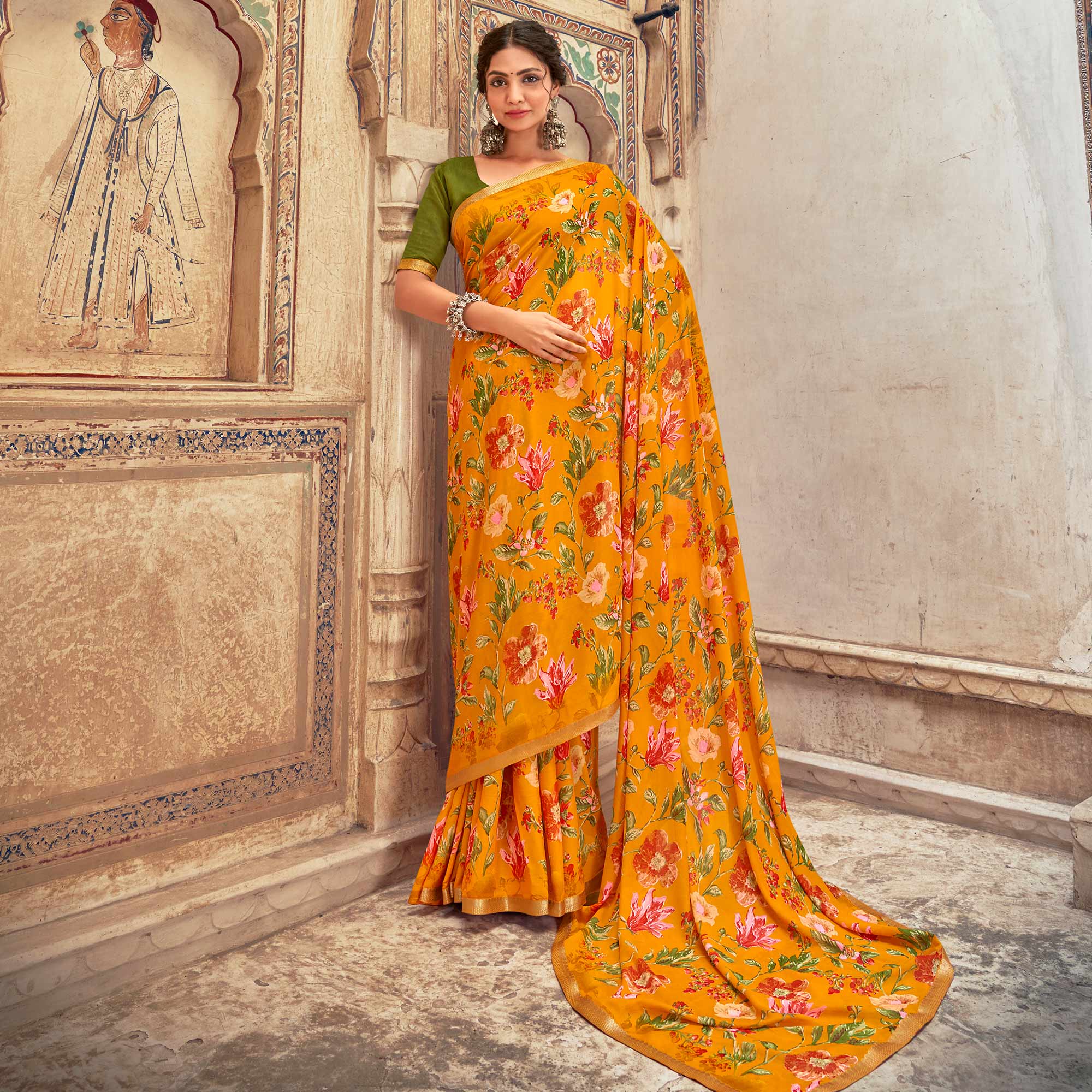 Orange Floral Printed Chiffon Saree