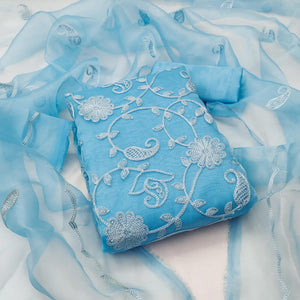 Sky Blue Floral Embroidered Organza Dress Material