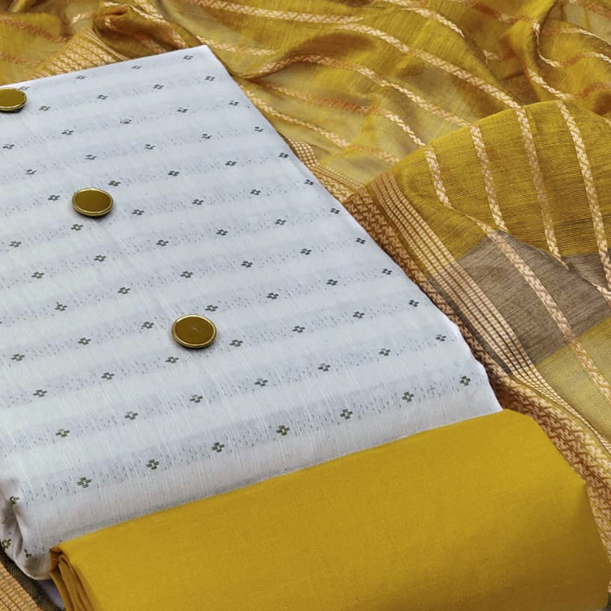 White-Mustard Woven Cotton Blend Dress Material