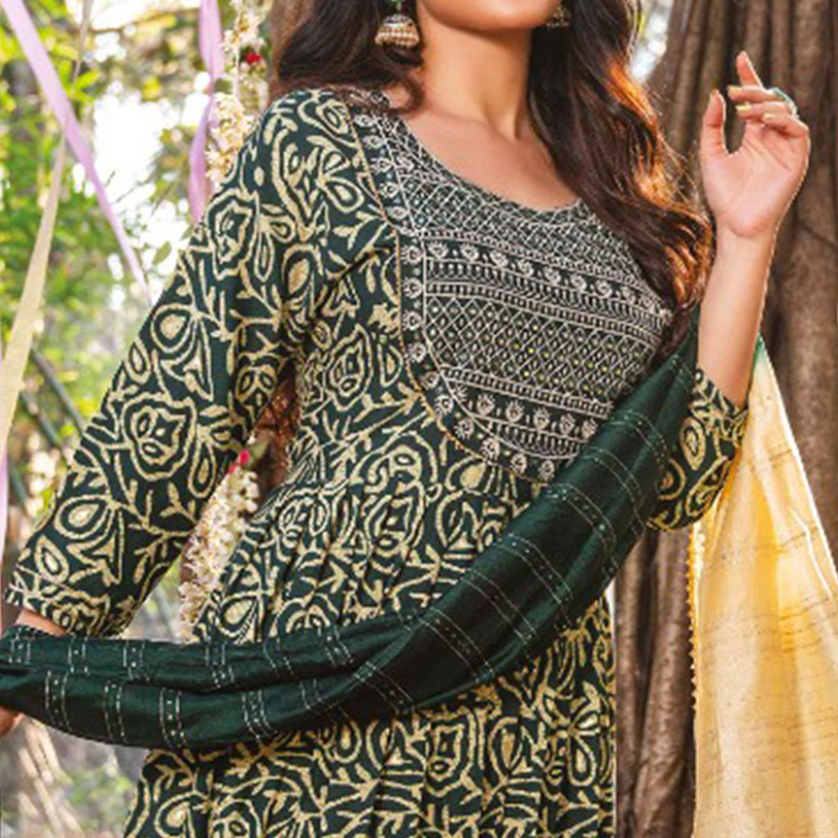 Green Printed Rayon Naira Cut Suit