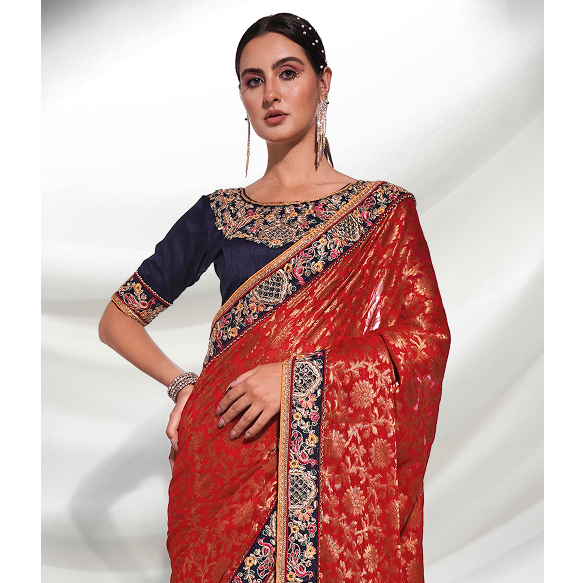 Red Woven With Embroidered Border Viscose Saree