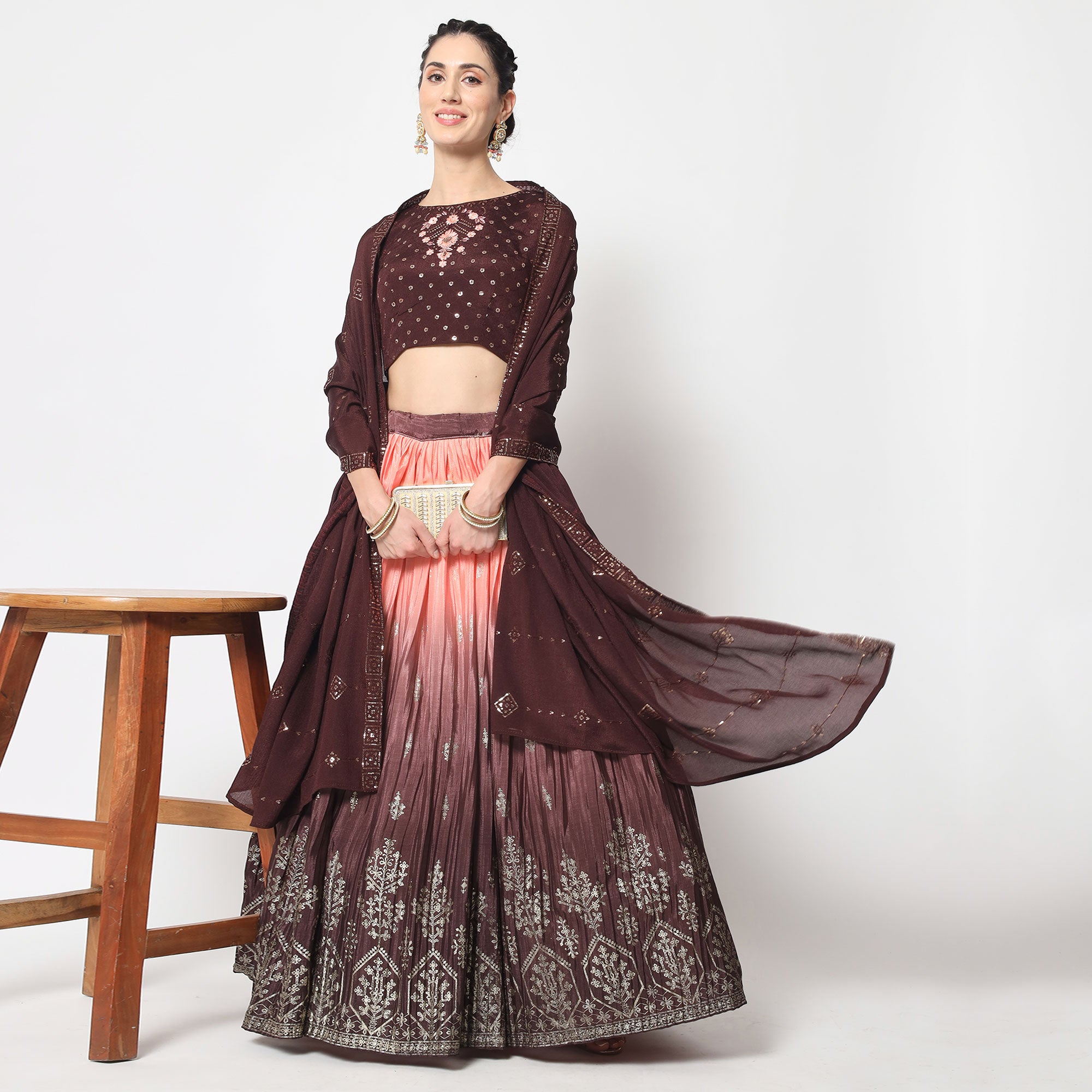 Coffee & Peach Foil Printed Chiffon Lehenga Choli