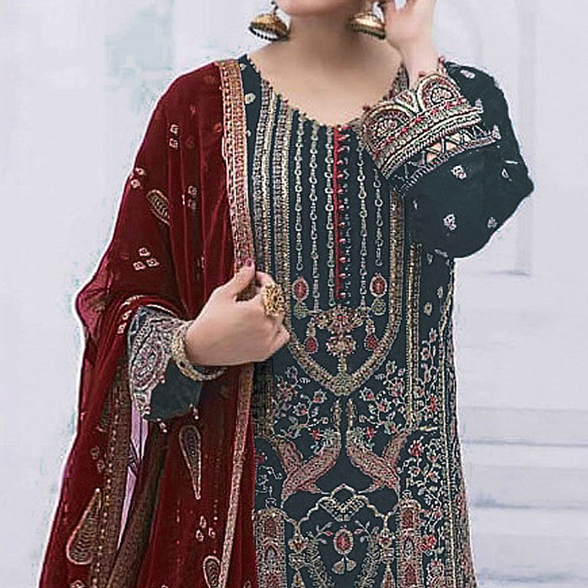 Grey Embroidered Georgette Semi Stitched Pakistani Suit