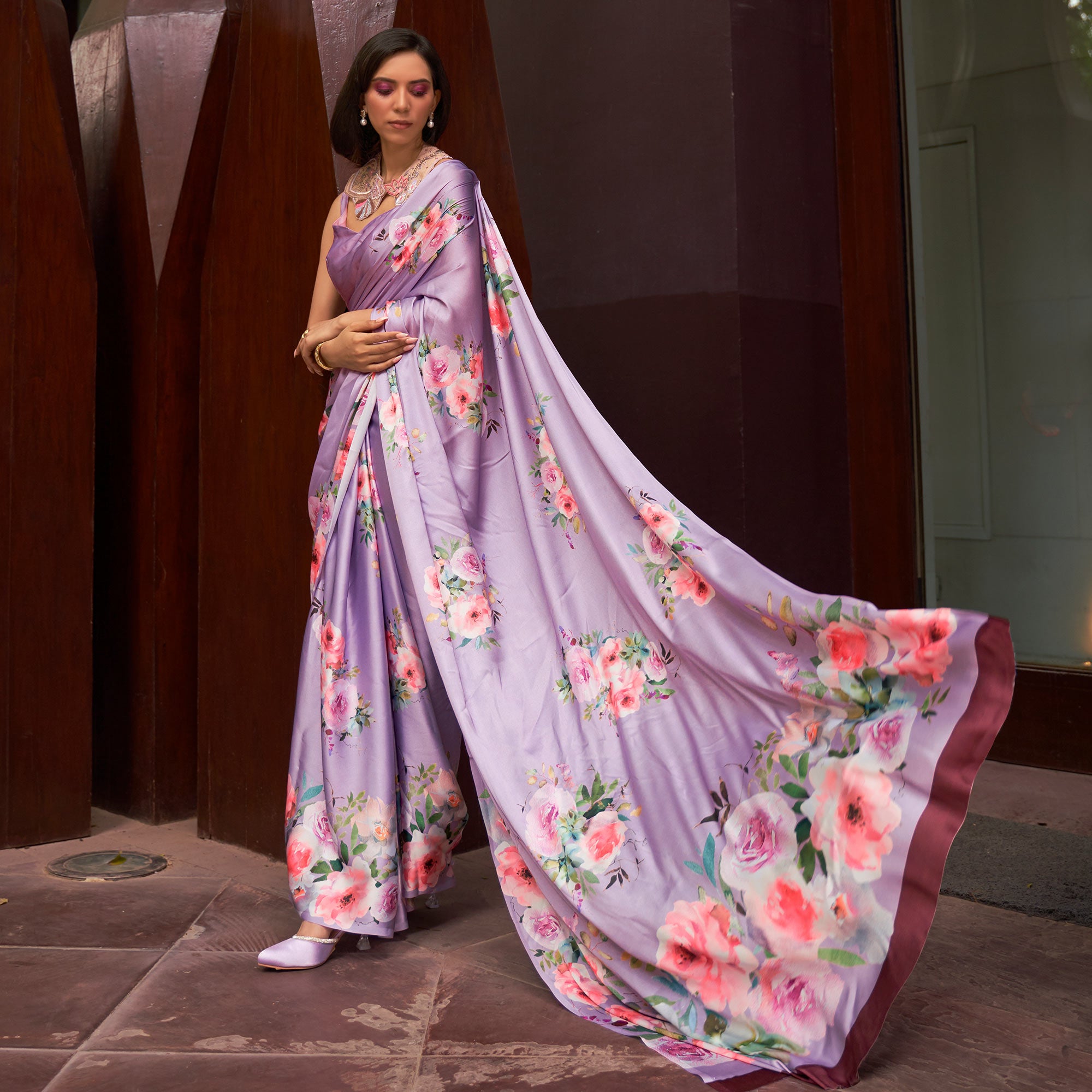 Light Purple Floral Digital Printed Satin Saree
