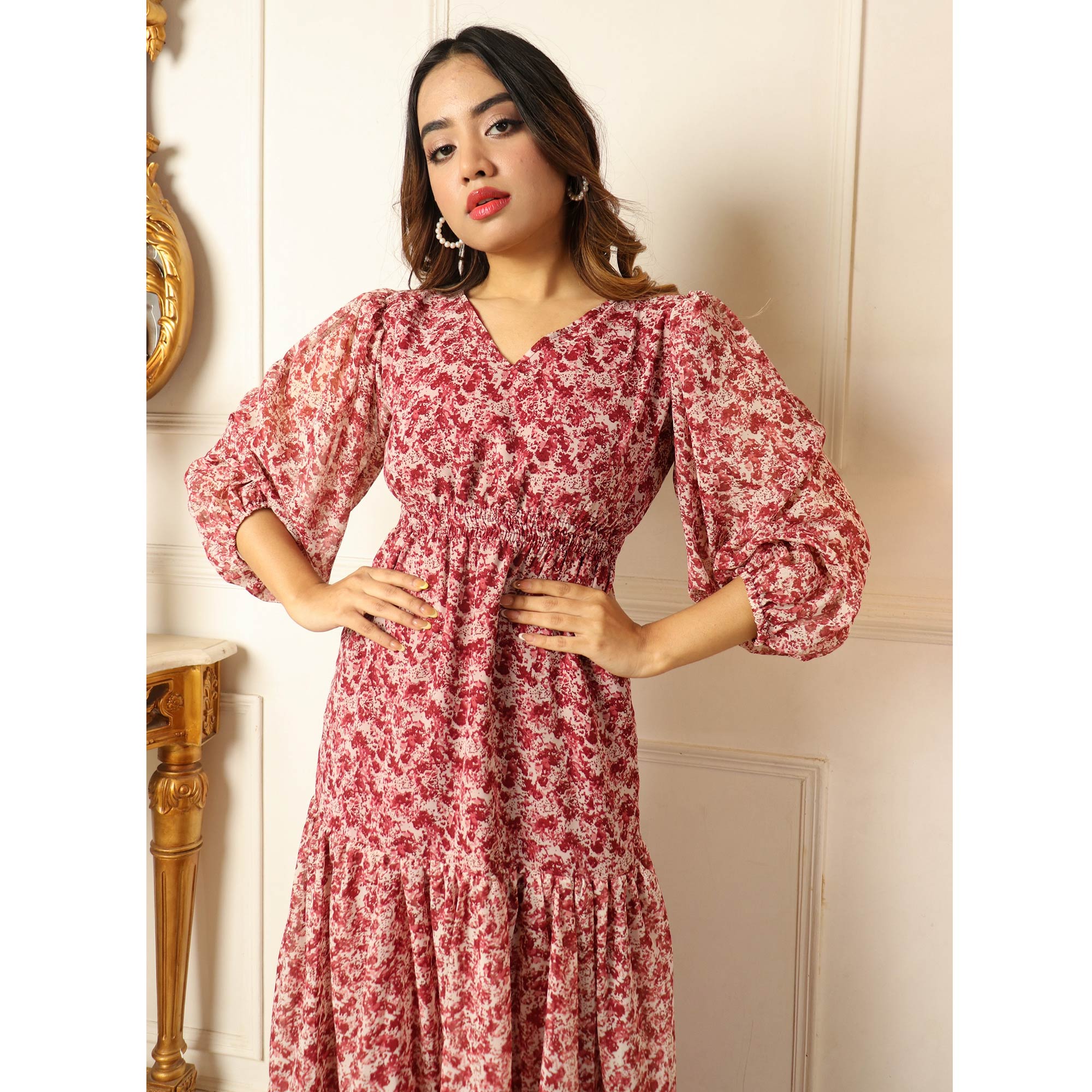 Maroon Printed Georgette Gown