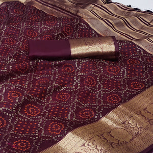 Wine Bandhani Printed Organza Saree With Tassels