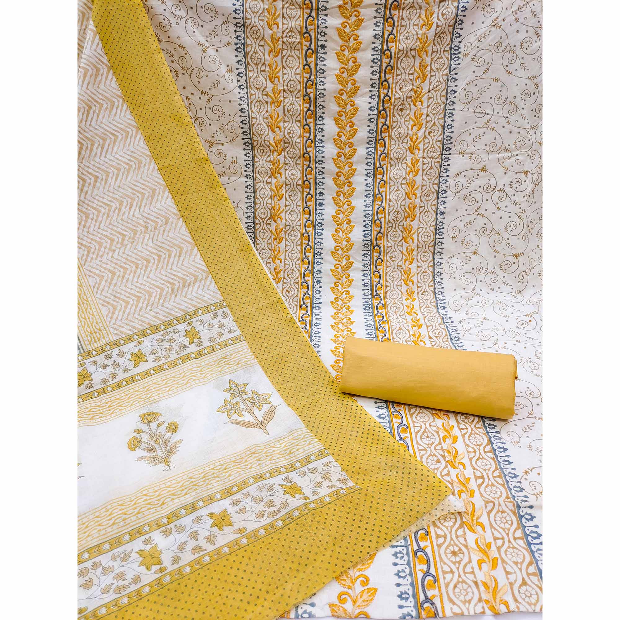 Yellow Floral Embroidered Pure Cotton Dress Material