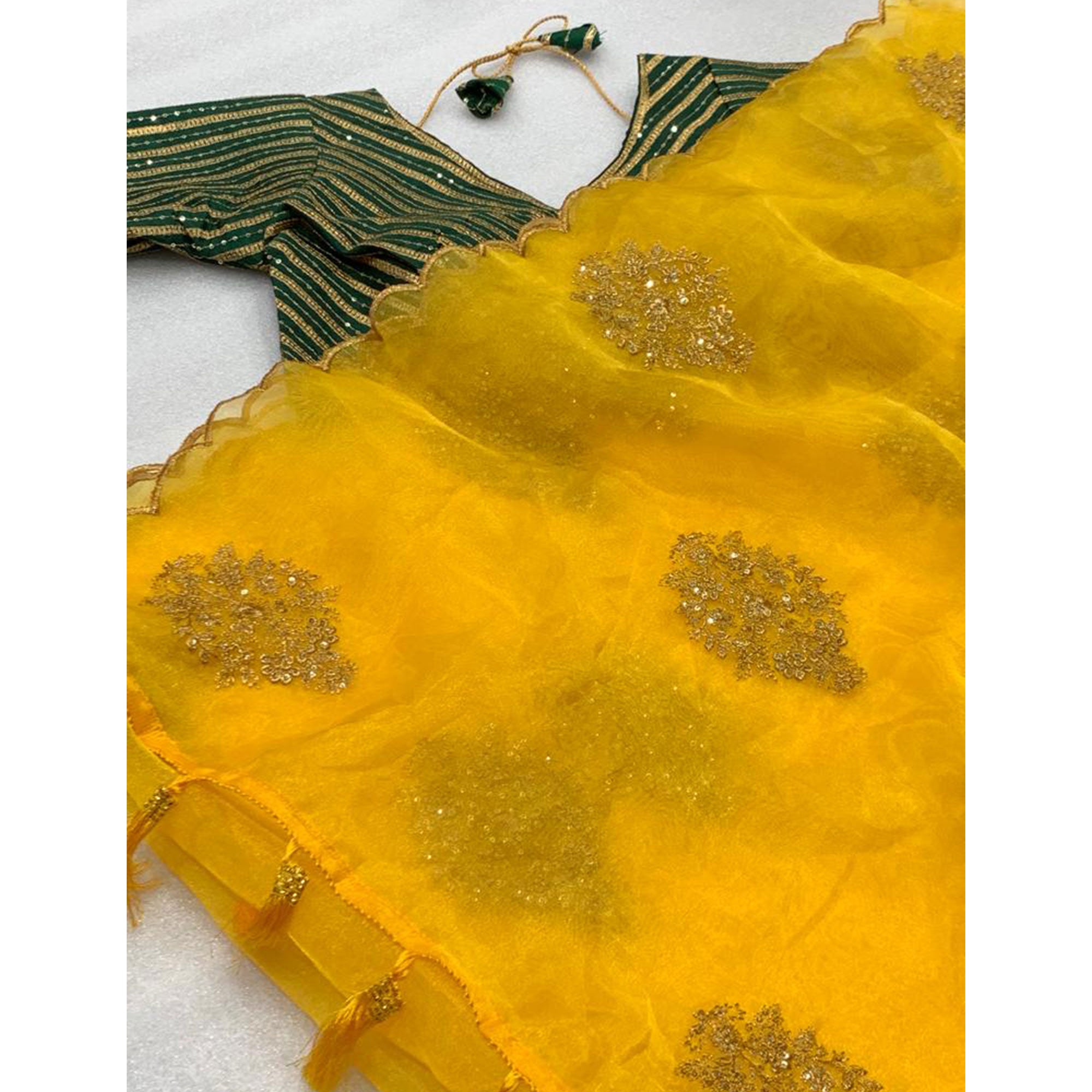 Yellow Sequins Floral Embroidered Organza Saree