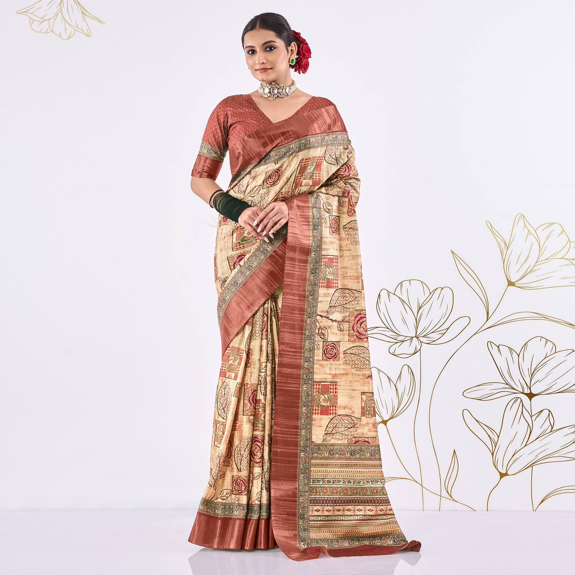 Beige Printed Art Silk Saree