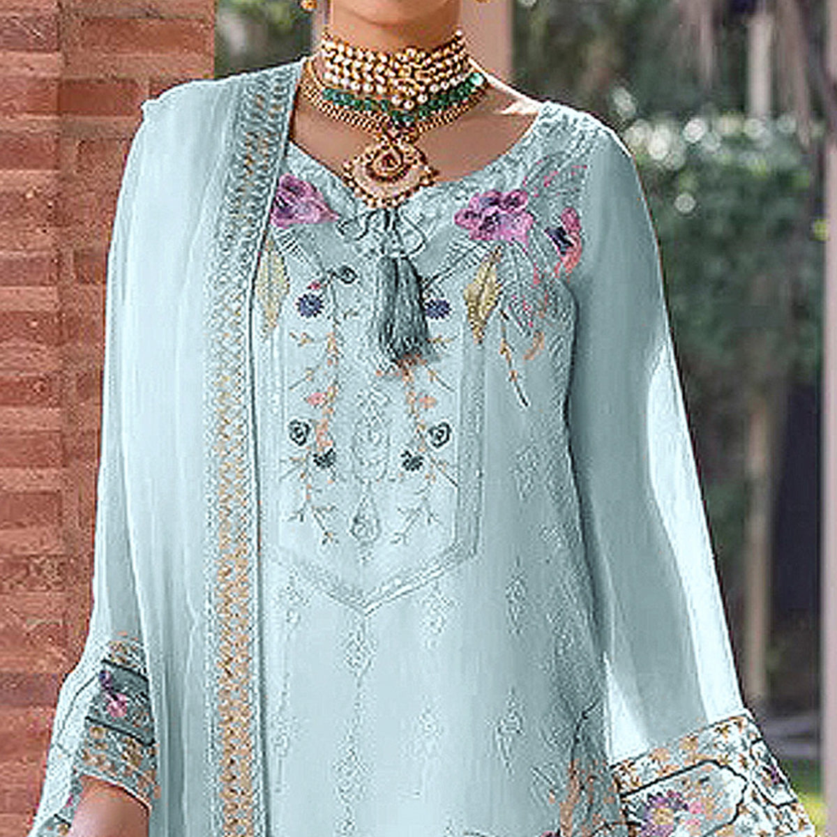 Sky Embroidered Georgette Pakistani Suit