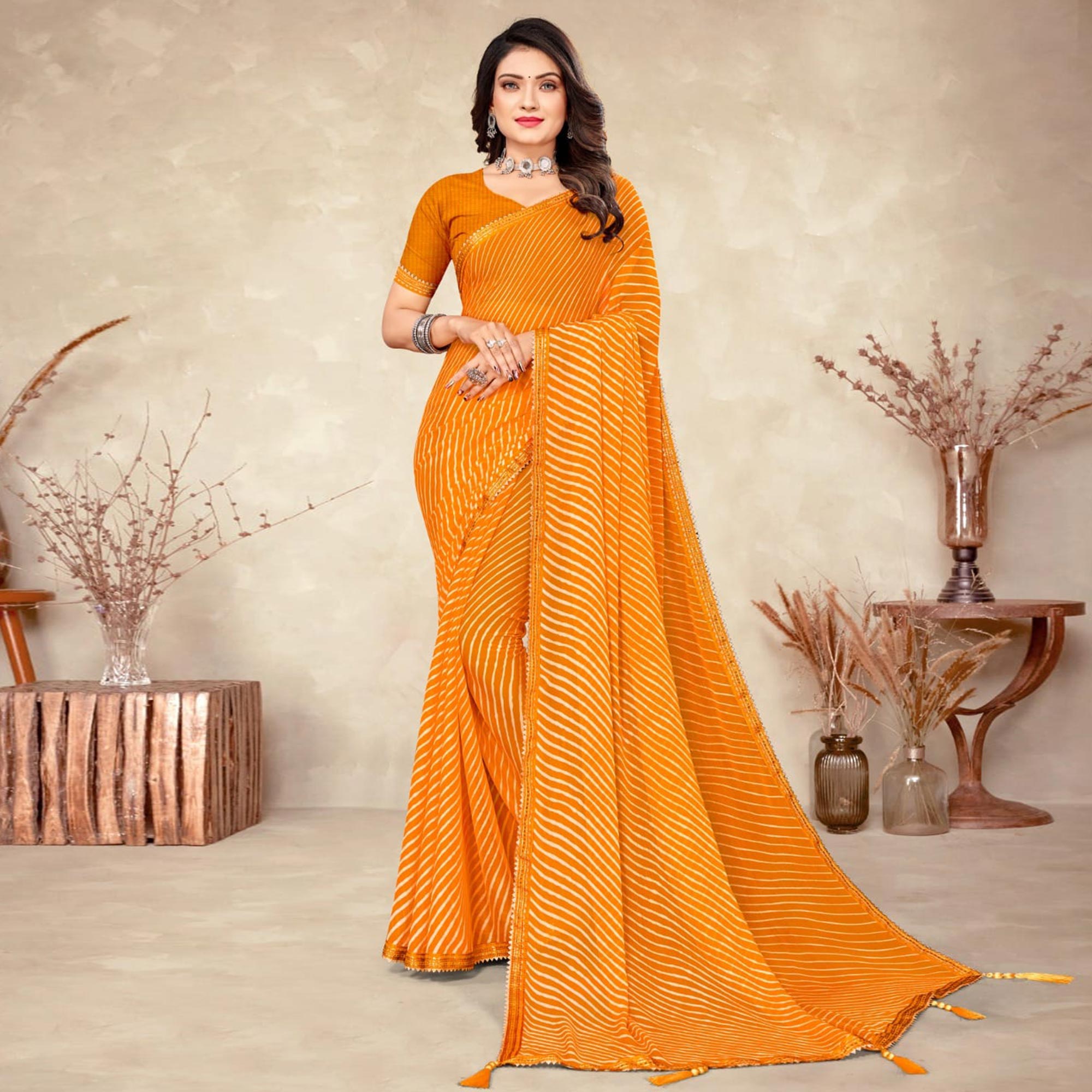 Mustard Striped Printed Chiffon Saree