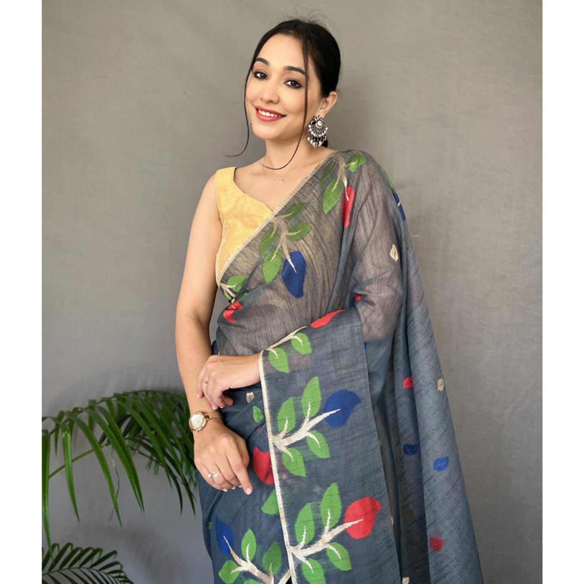 Grey Floral Woven Cotton Saree