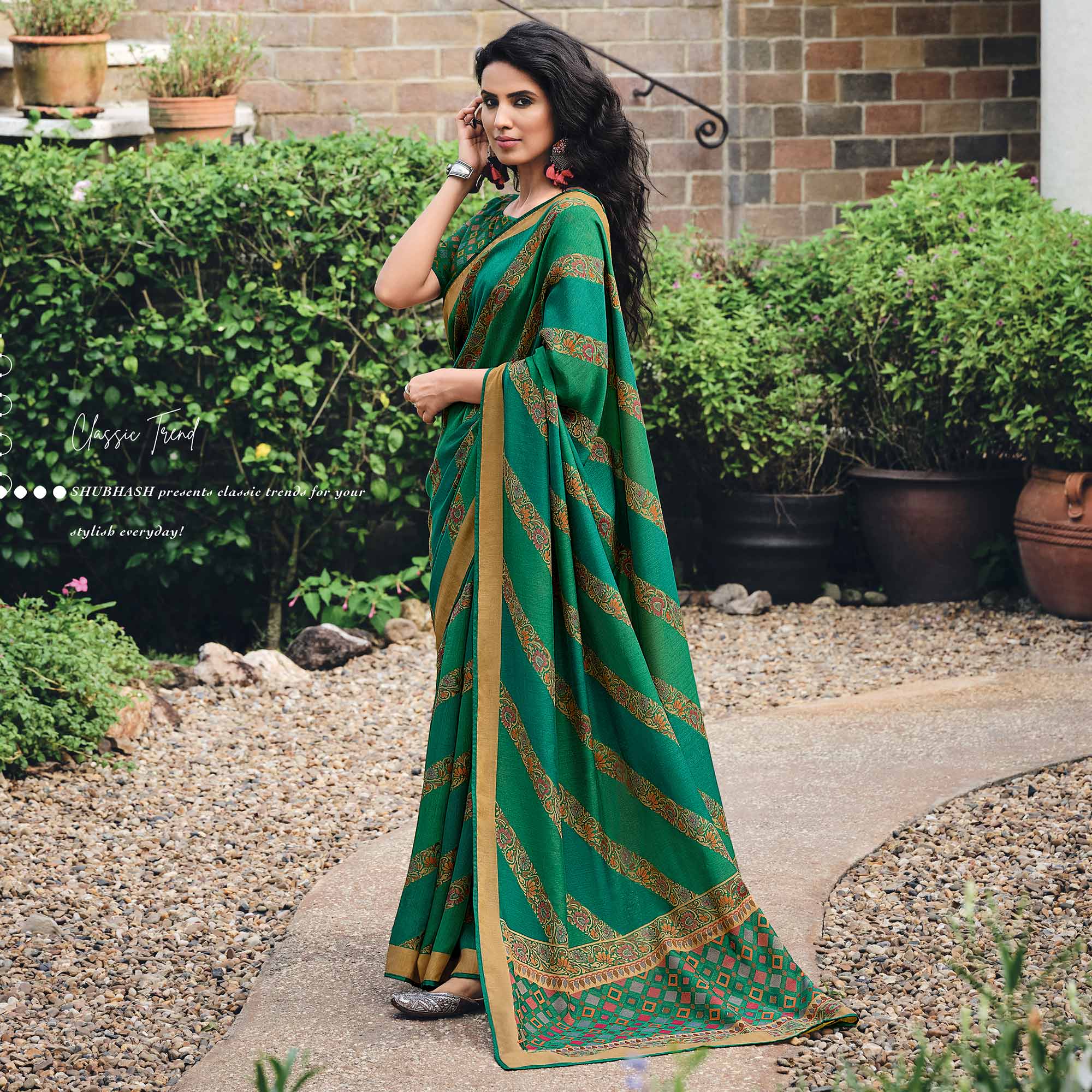 Green Floral Printed Raw Silk Saree
