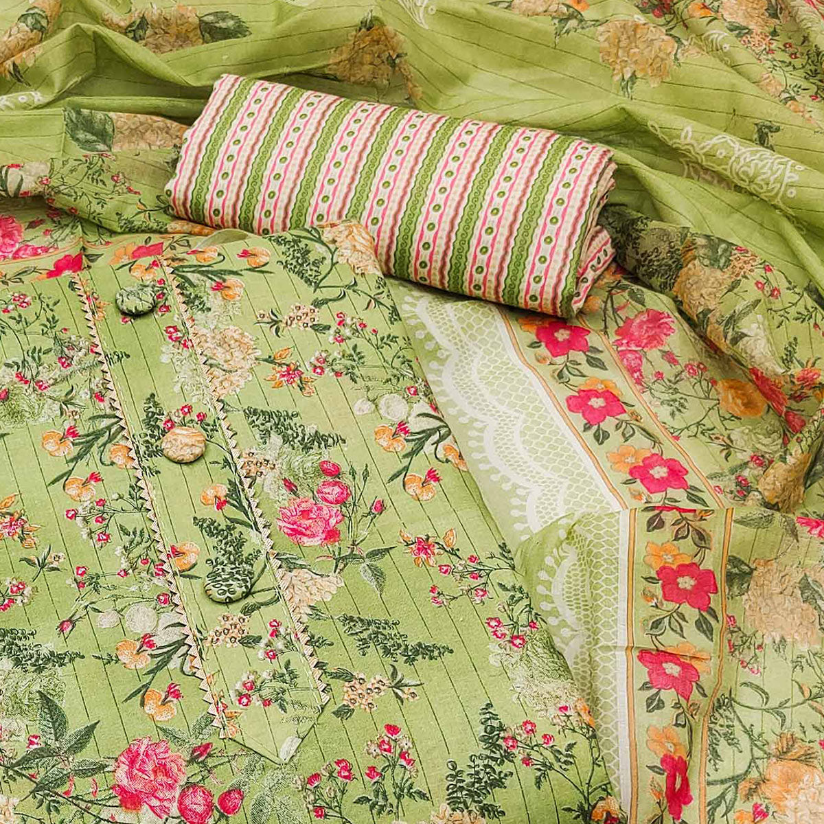 Green Floral Printed Printed Cotton Blend Dress Material