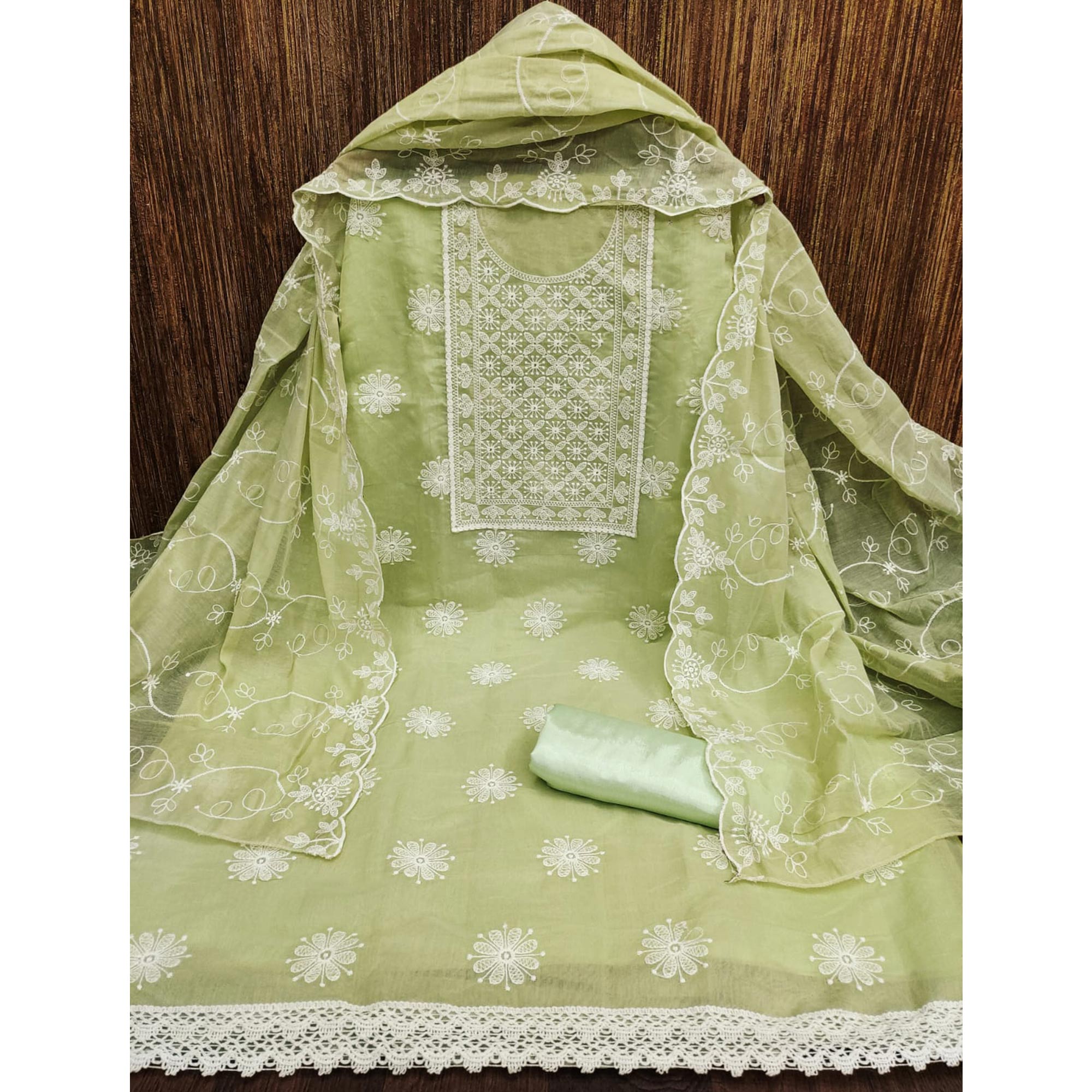 Green Floral Embroidered Chanderi Dress Material