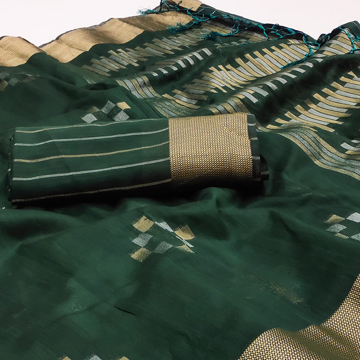 Green Woven Khaadi Saree With Tassels