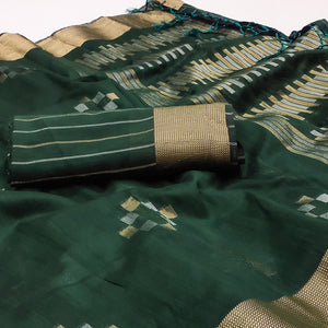 Green Woven Khaadi Saree With Tassels