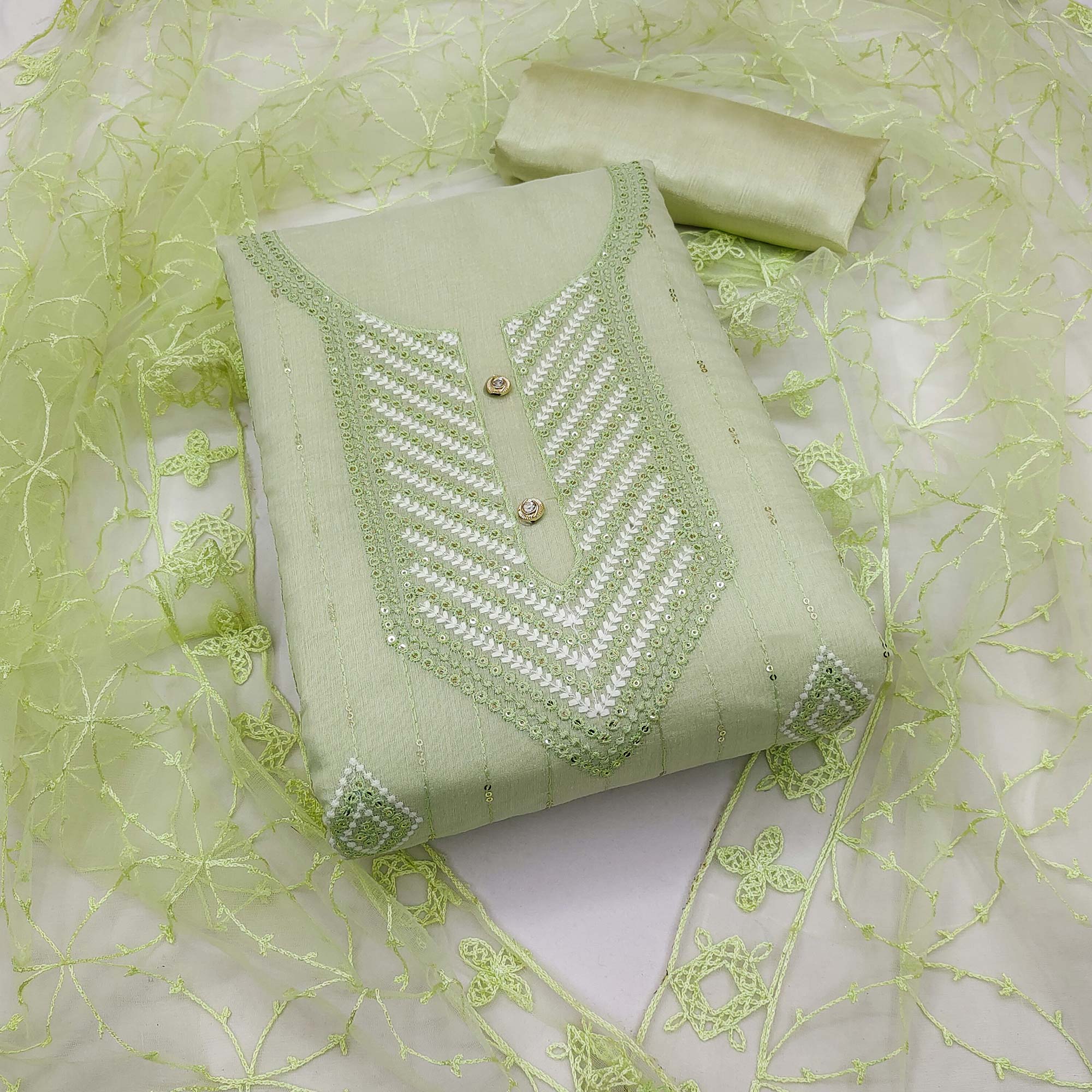 Pista Green Sequins Embroidered Chanderi Dress Material