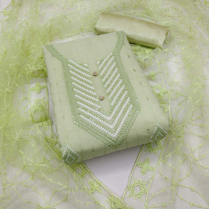 Pista Green Sequins Embroidered Chanderi Dress Material