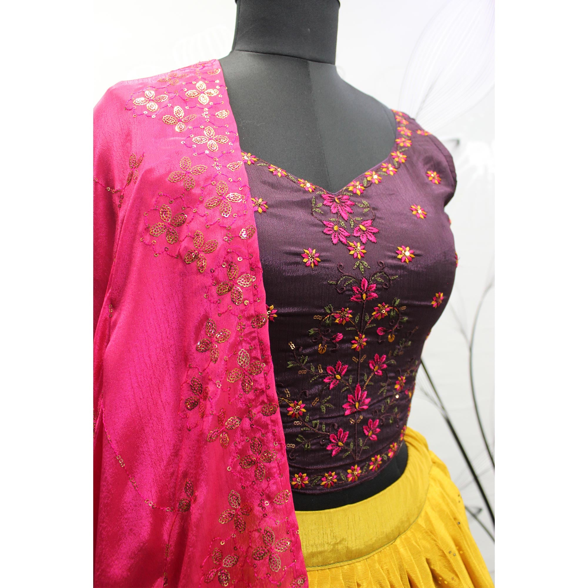 Mustard & Olive Green Embellished Mirror Work Georgette Lehenga Choli