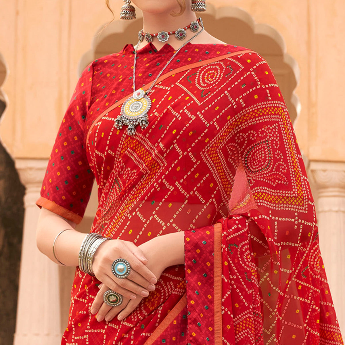 Red Bandhani Printed Georgette Saree