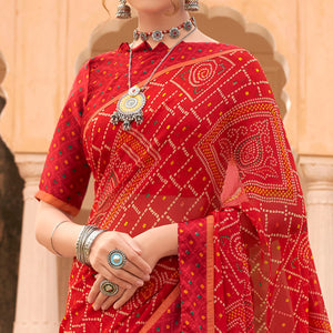 Red Bandhani Printed Georgette Saree