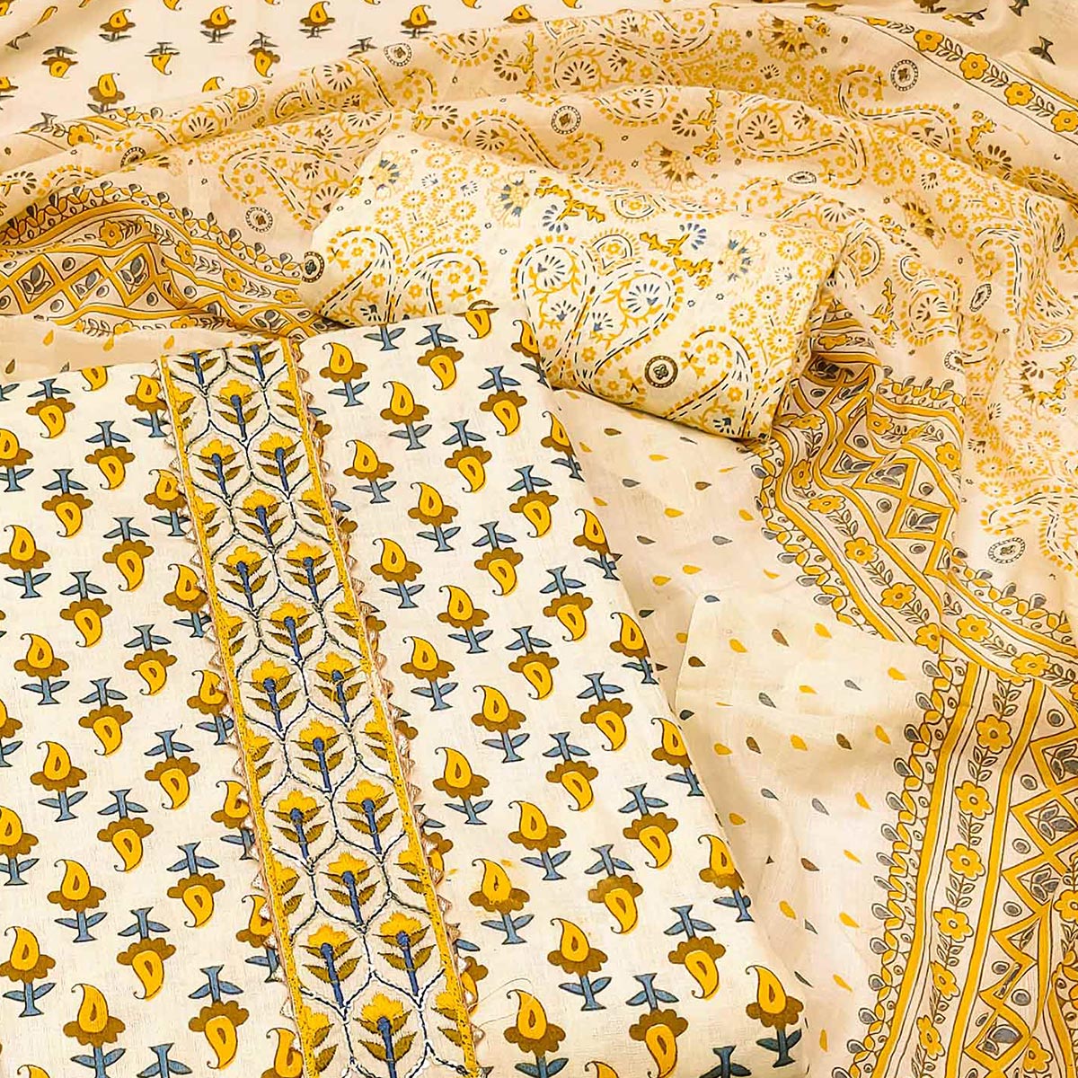 Yellow Printed Cotton Dress Material
