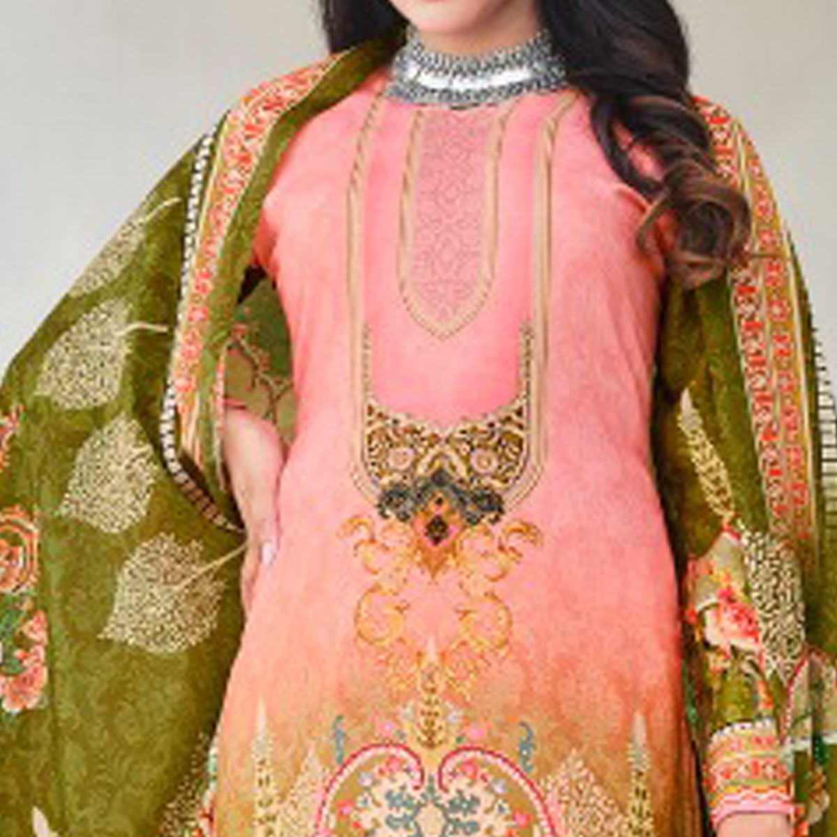 Pink And Green Digital Printed With Daman Embroidered Pure Cotton Pakistani Suit