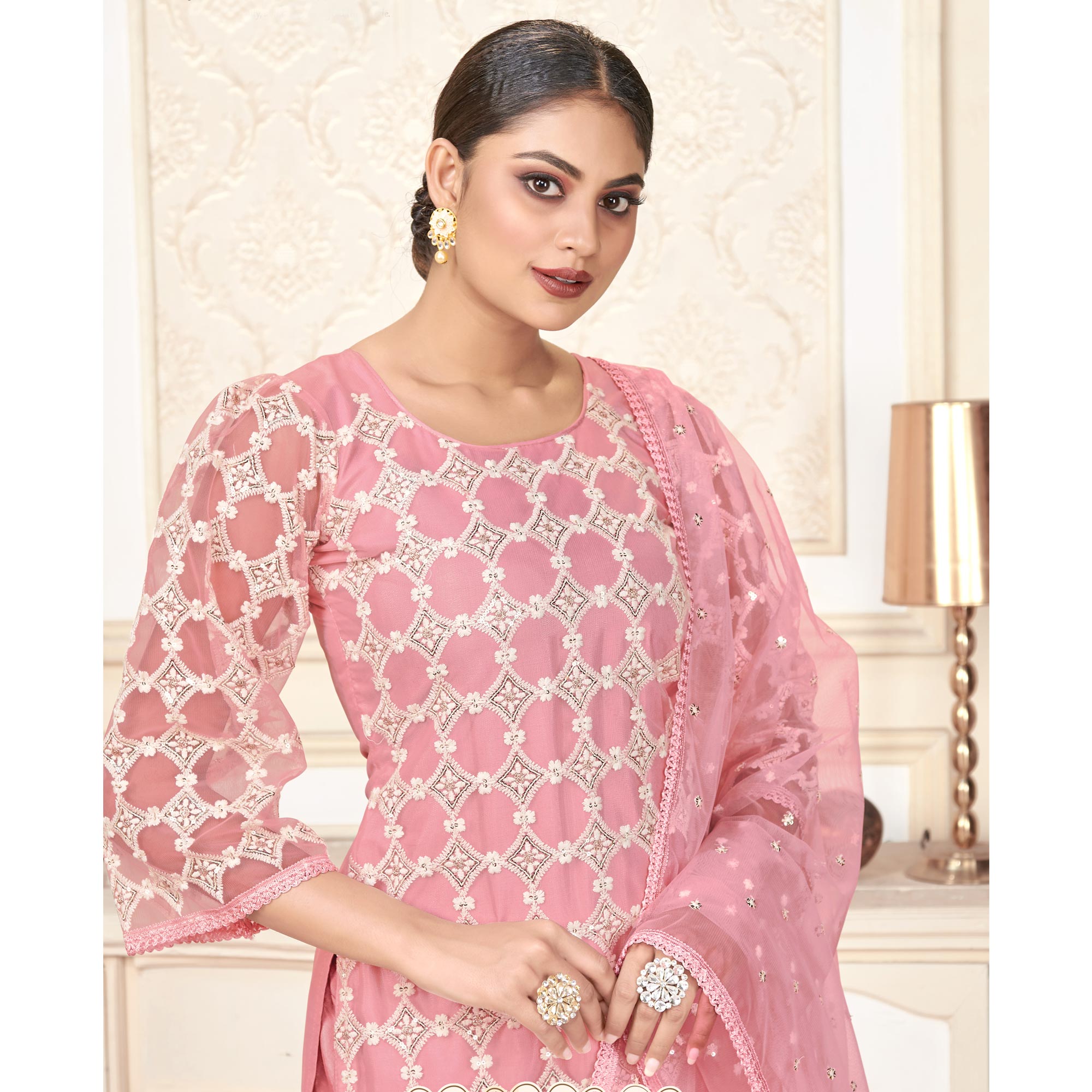 Pink Sequins Embroidered Net Semi Stitched Suit