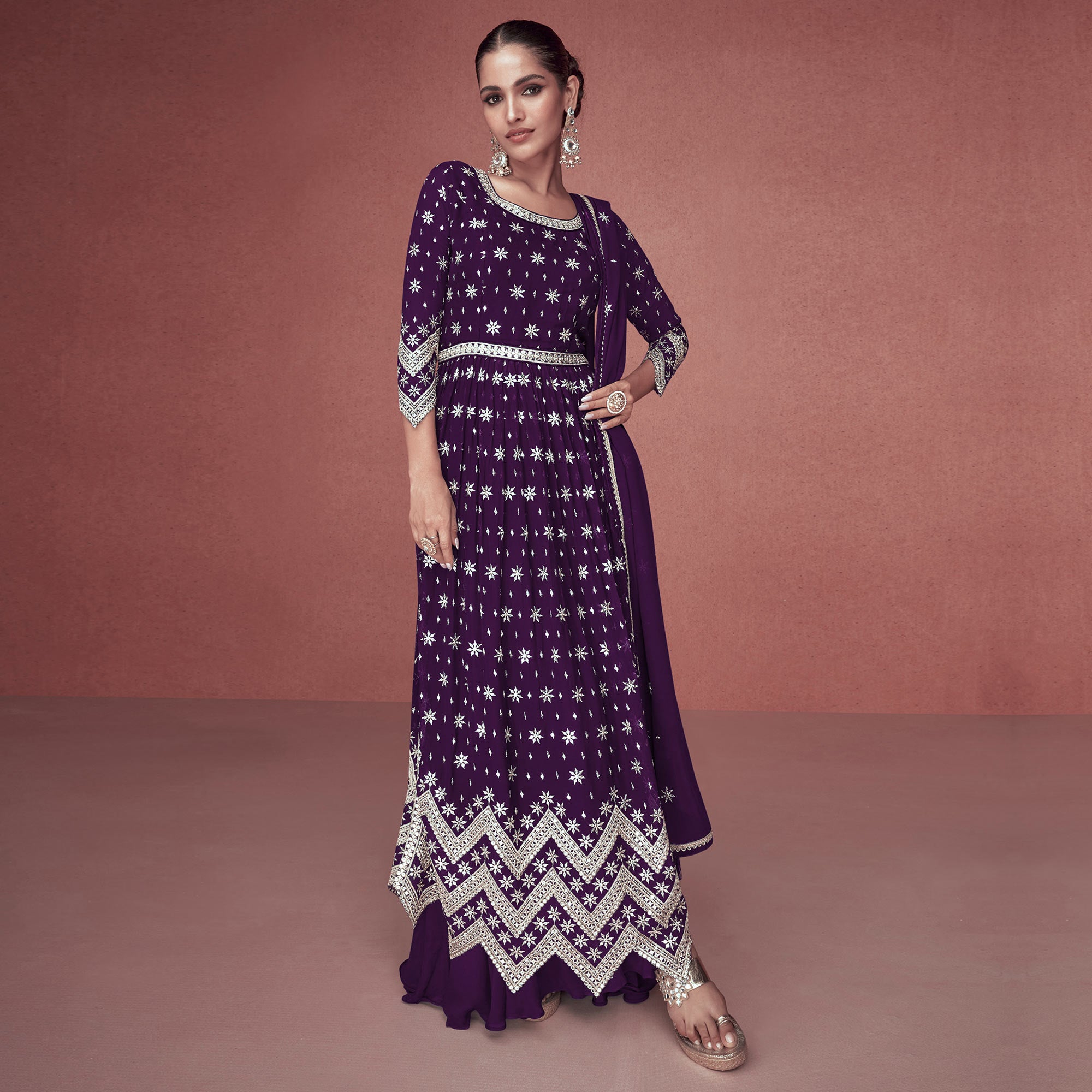 Purple Sequins Embroidered Georgette Semi Stitched Naira Cut Suit