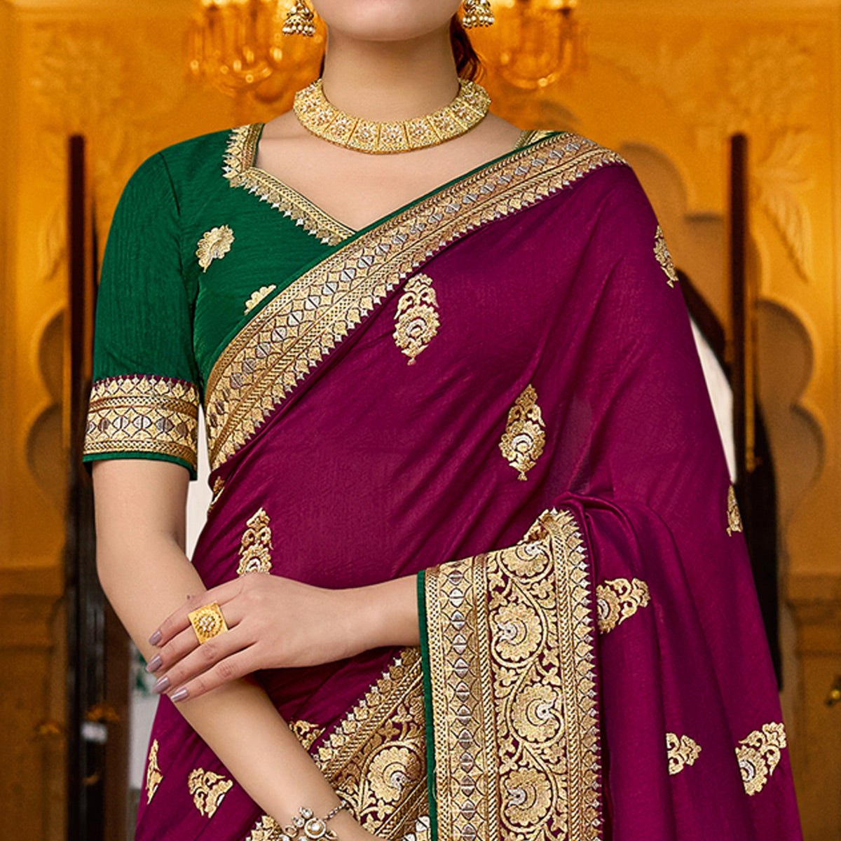 Purple Embroidered Vichitra Silk Saree With With Tassels