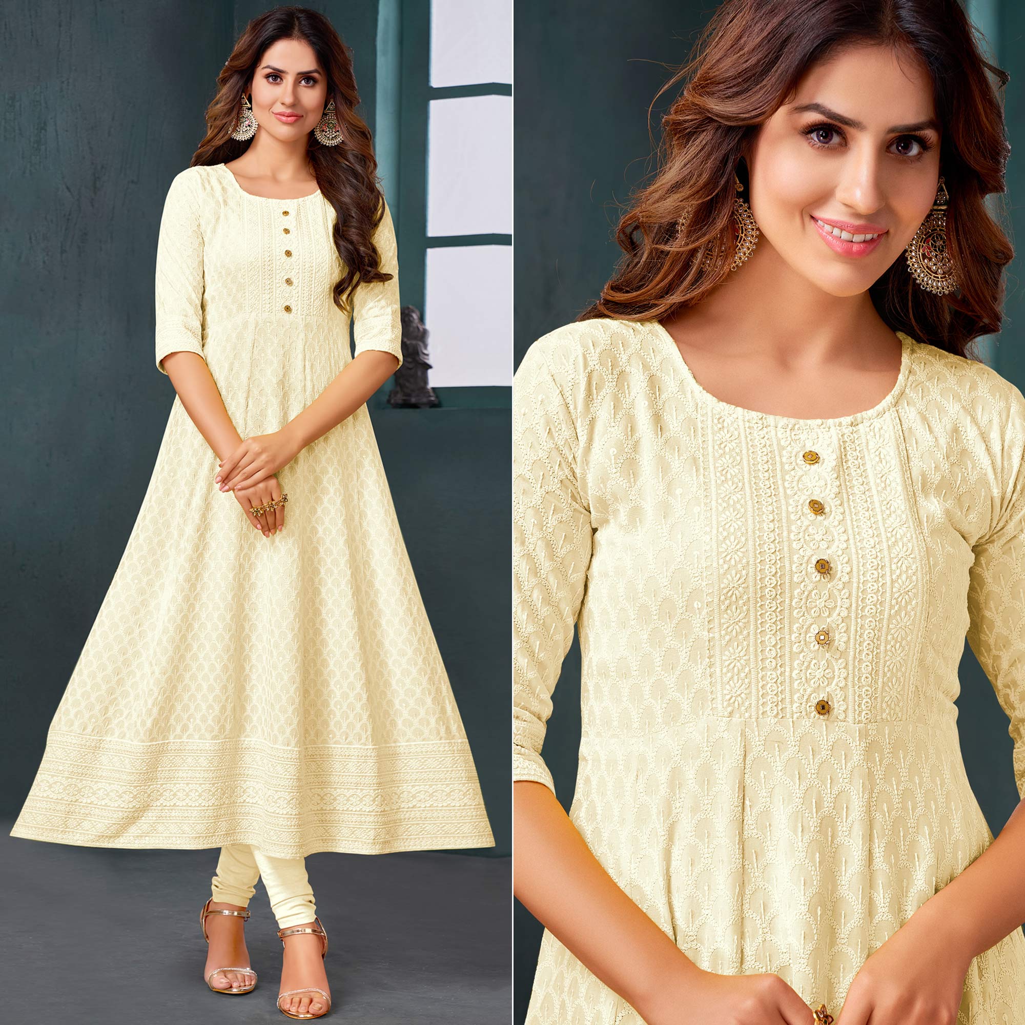 Cream Chikankari Work Aanarkali Style Rayon Kurti