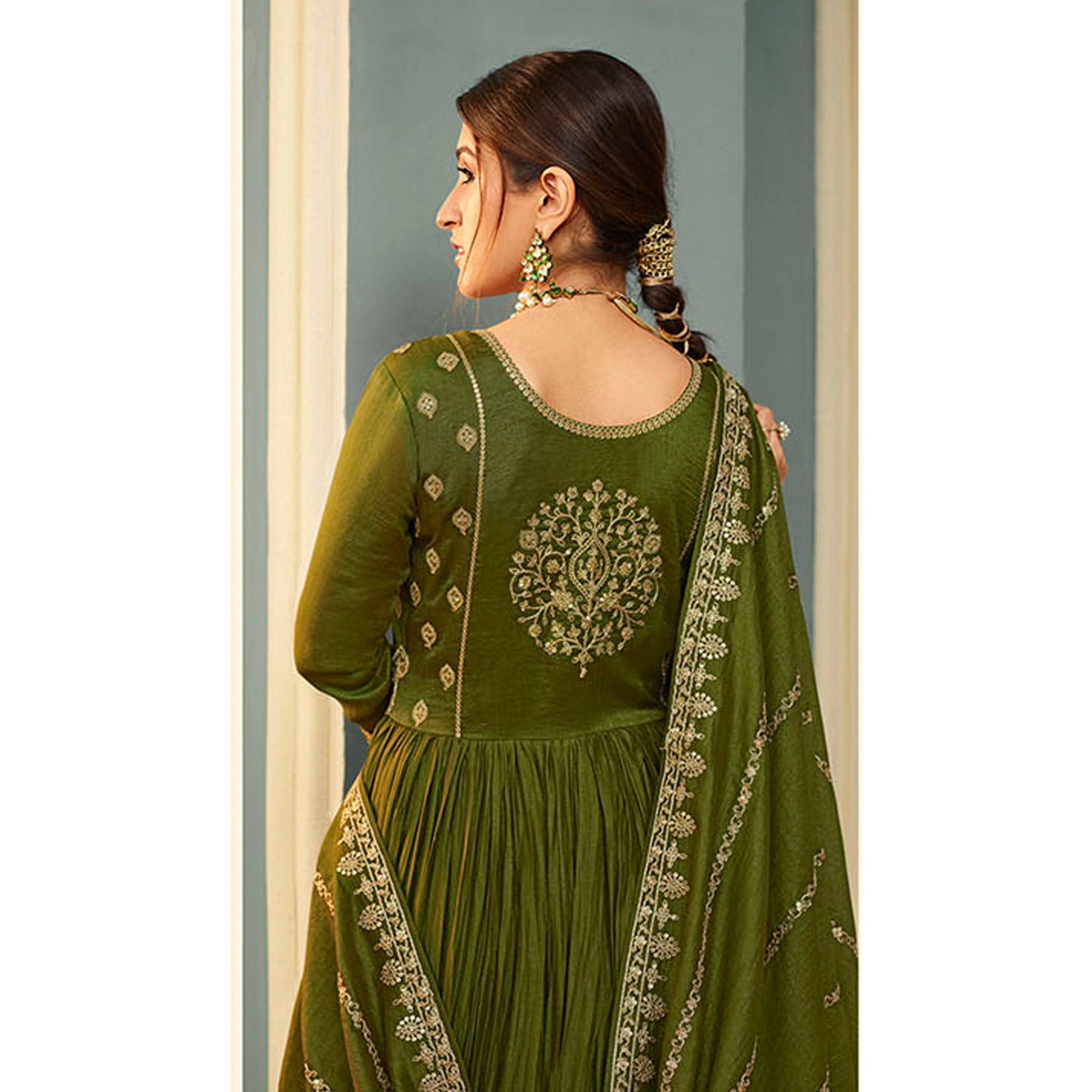 Olive Green Embroidered Georgette Gown