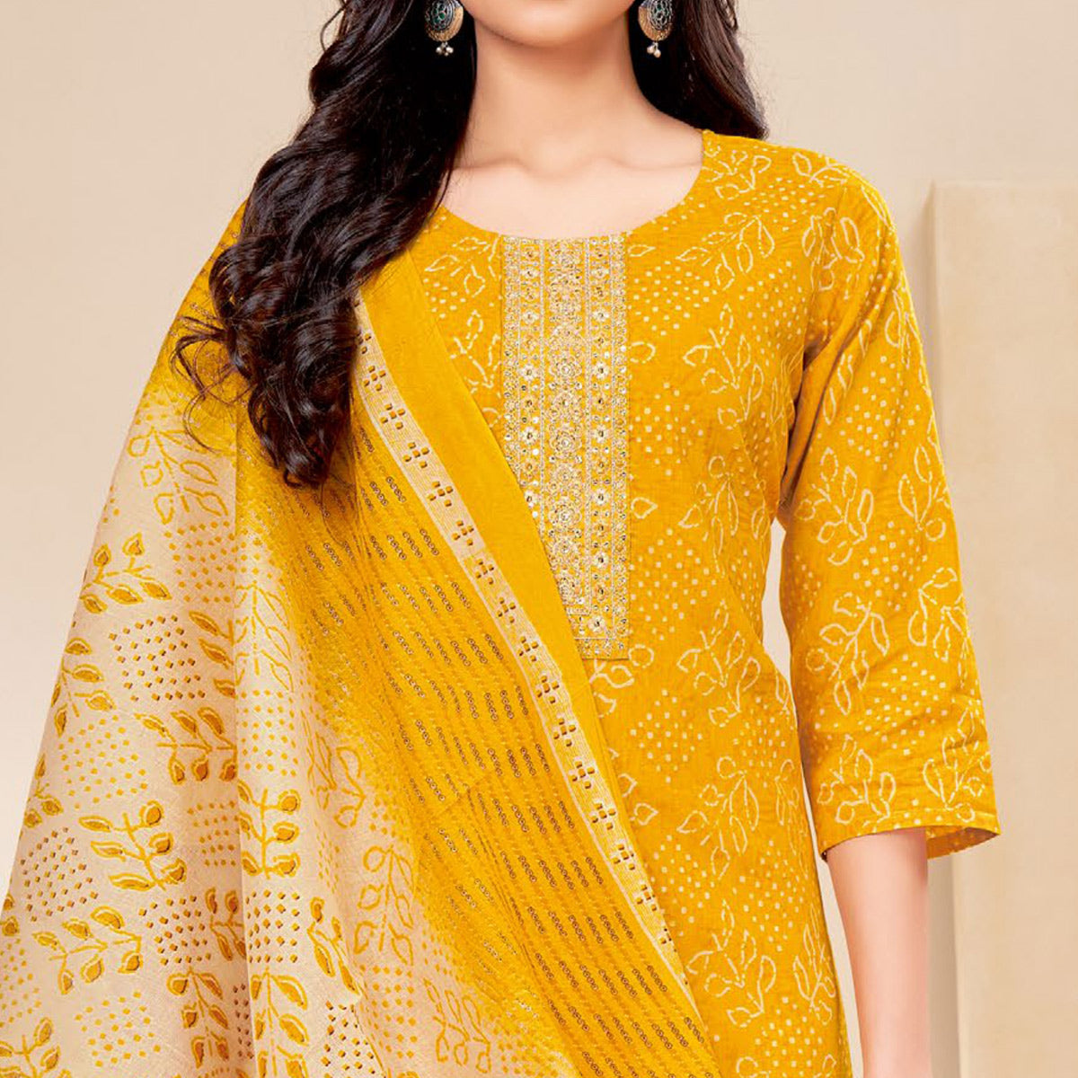 Yellow Printed With Tie Embroidered Pure Cotton Suit