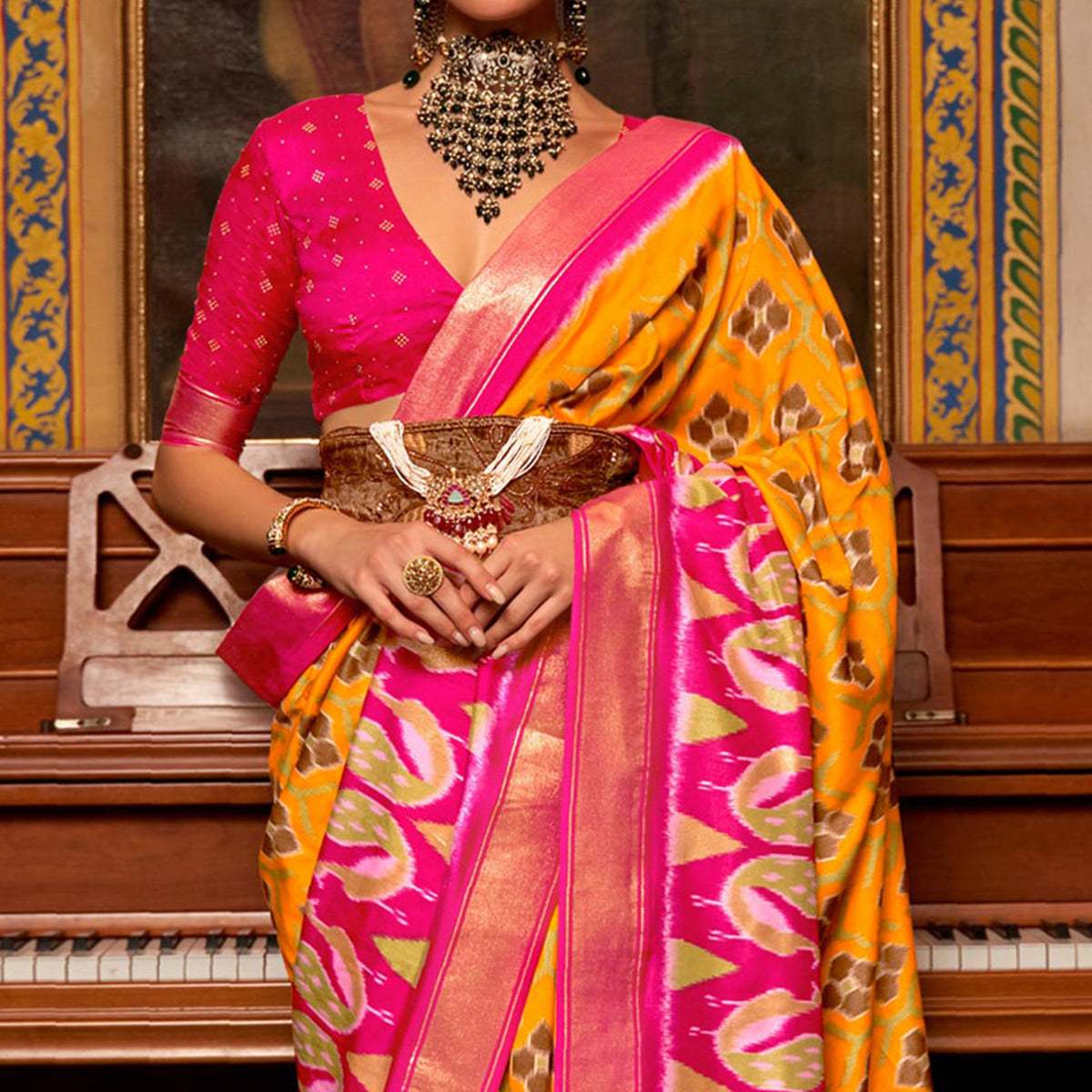 Yellow & Rose Pink Printed Art Silk Saree