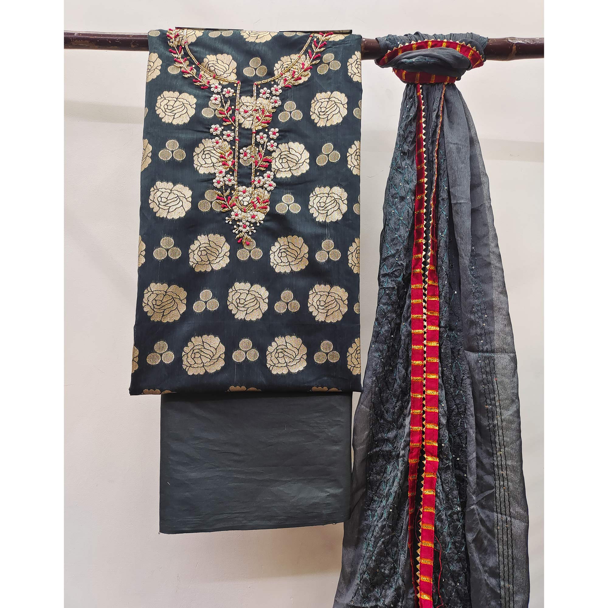 Grey Woven Banarasi Silk Dress Material