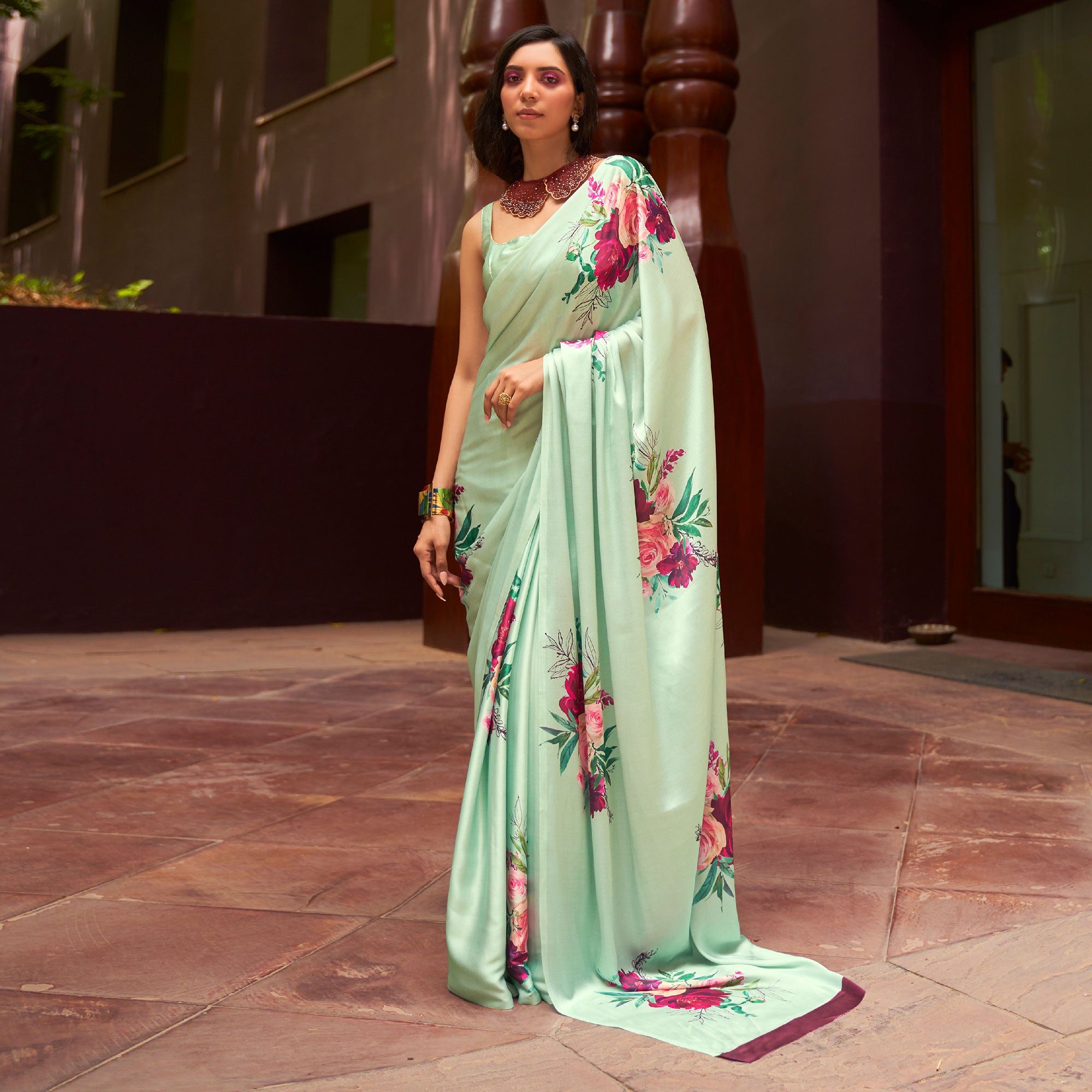 Green Floral Digital Printed Satin Saree