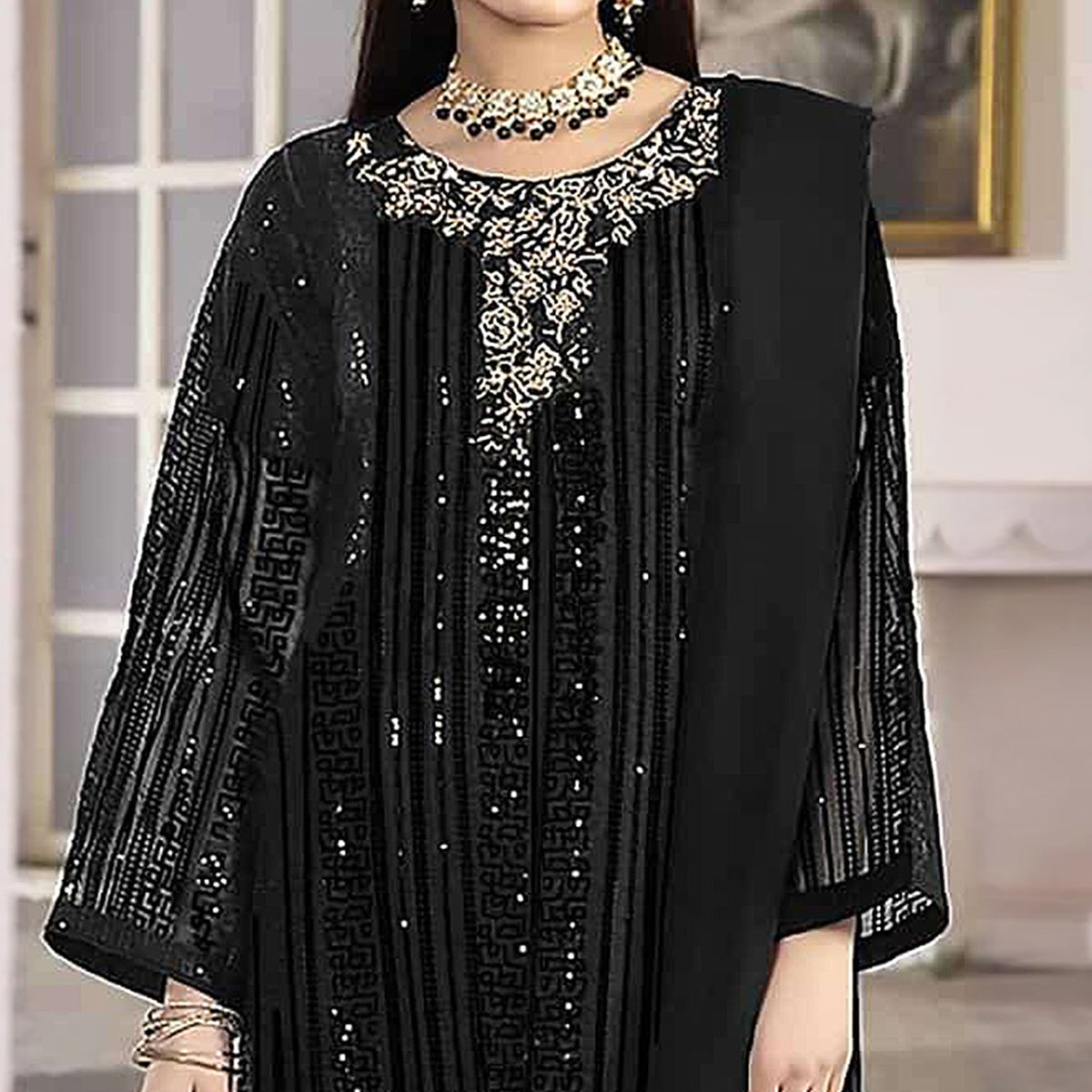 Black Sequins Embroidered Georgette Pakistani Suit