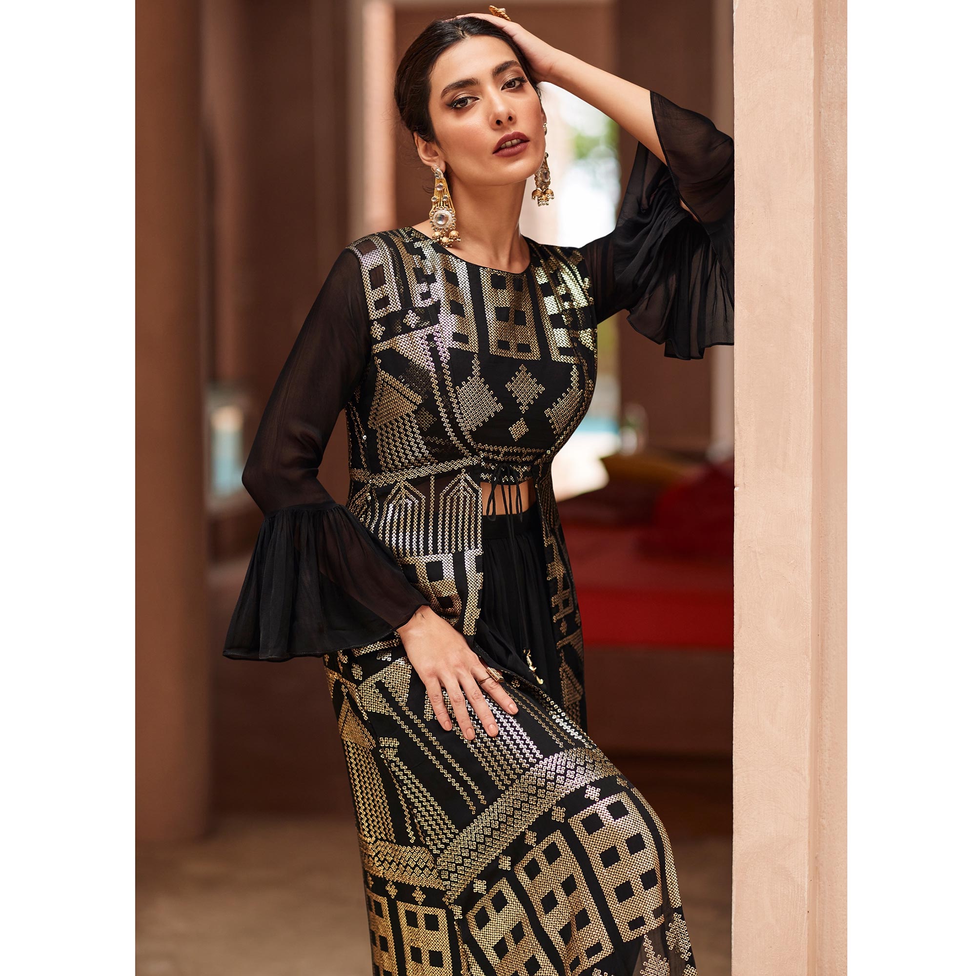 Black Sequins Embroidered Georgette Sharara Choli With Jacket