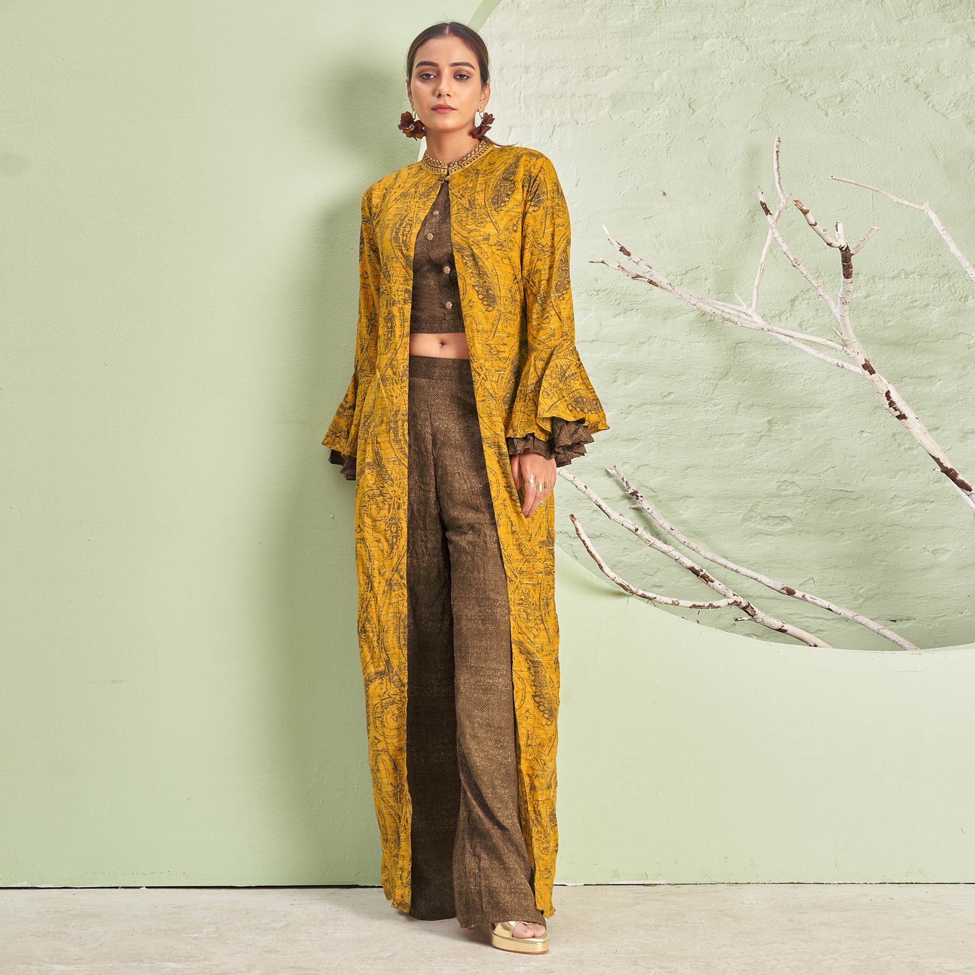 Mustard & Brown Printed Rayon Palazzo Suit With Jacket