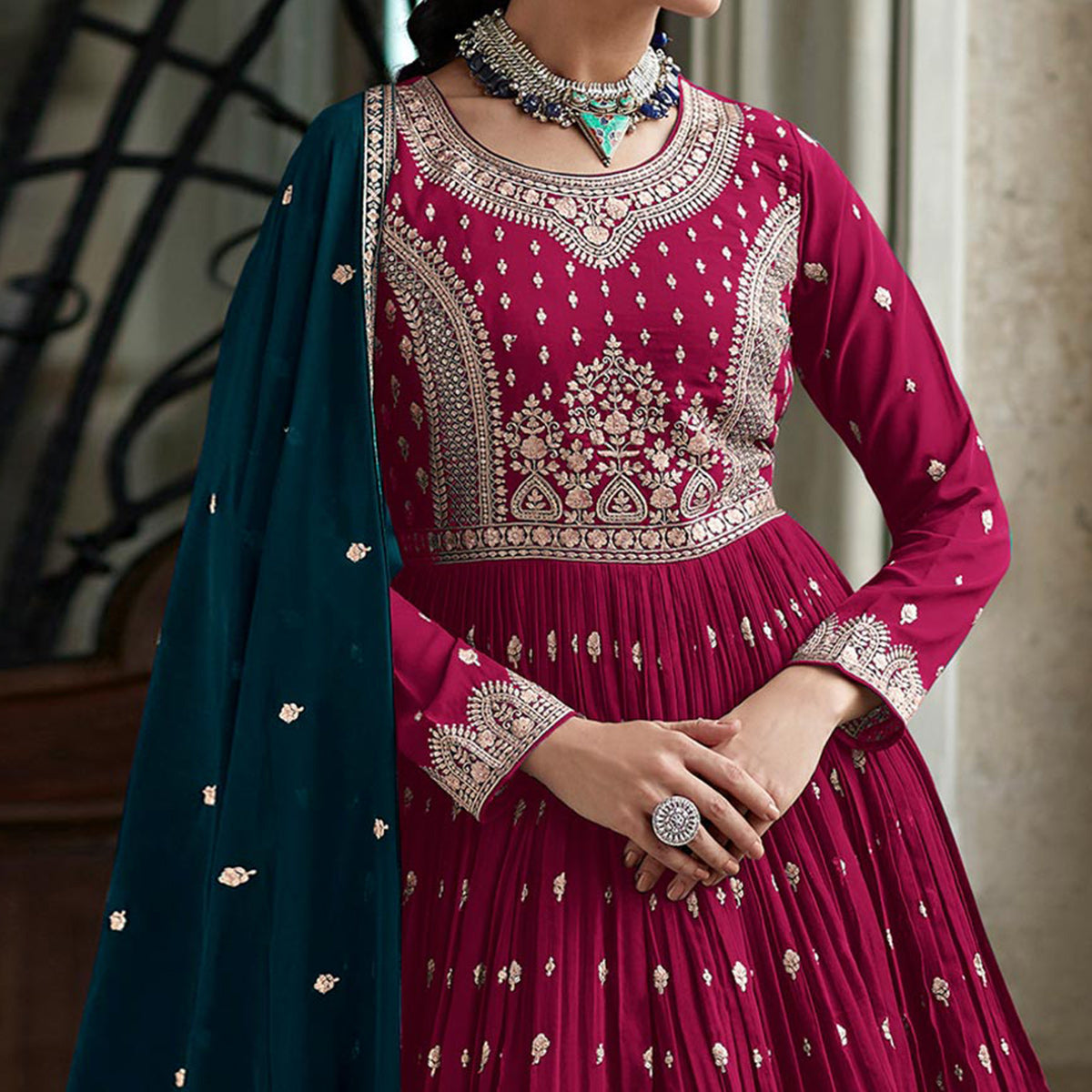 Pink Floral Embroidered Georgette Sharara Suit