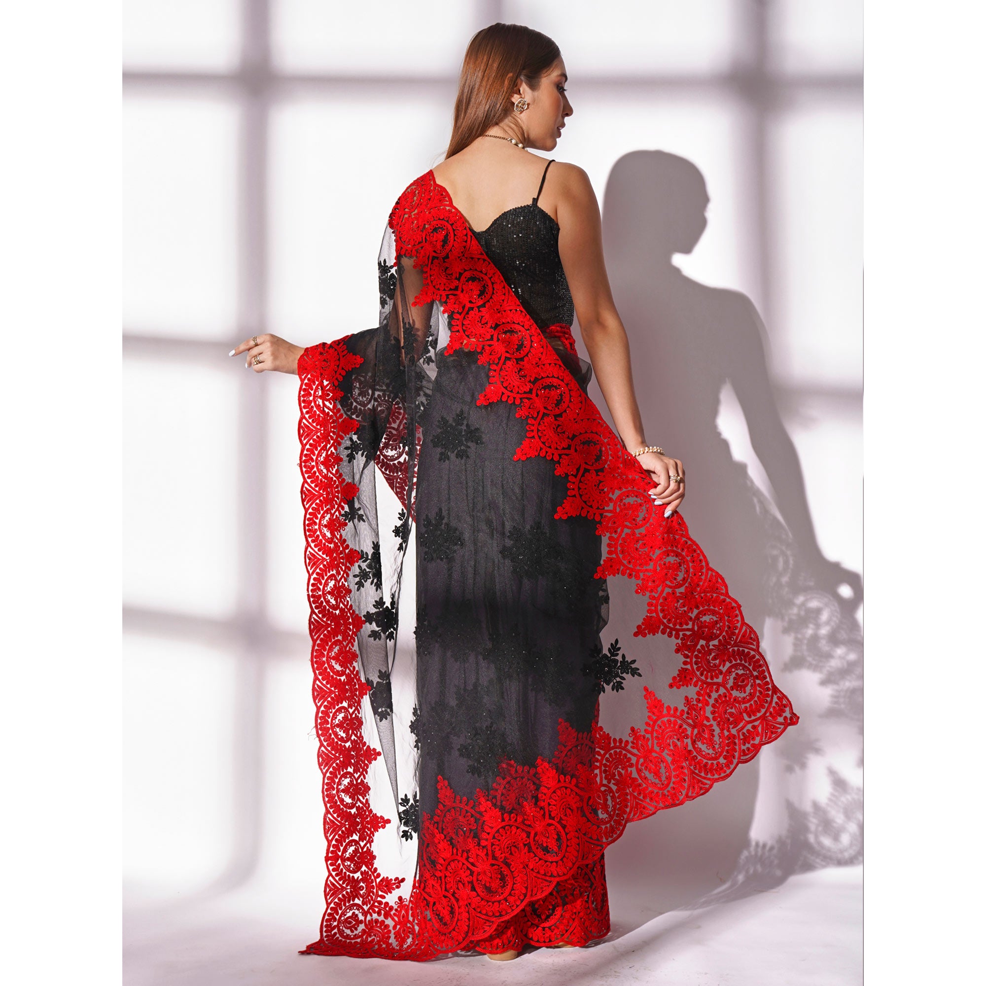 Black Floral Embroidered Net Saree