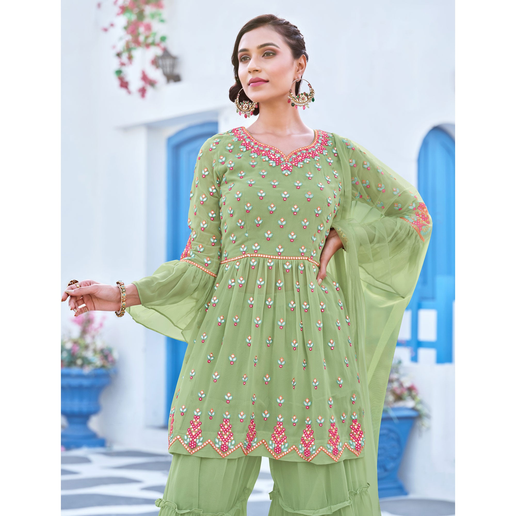 Pista Green Floral Embroidered Georgette Sharara Suit