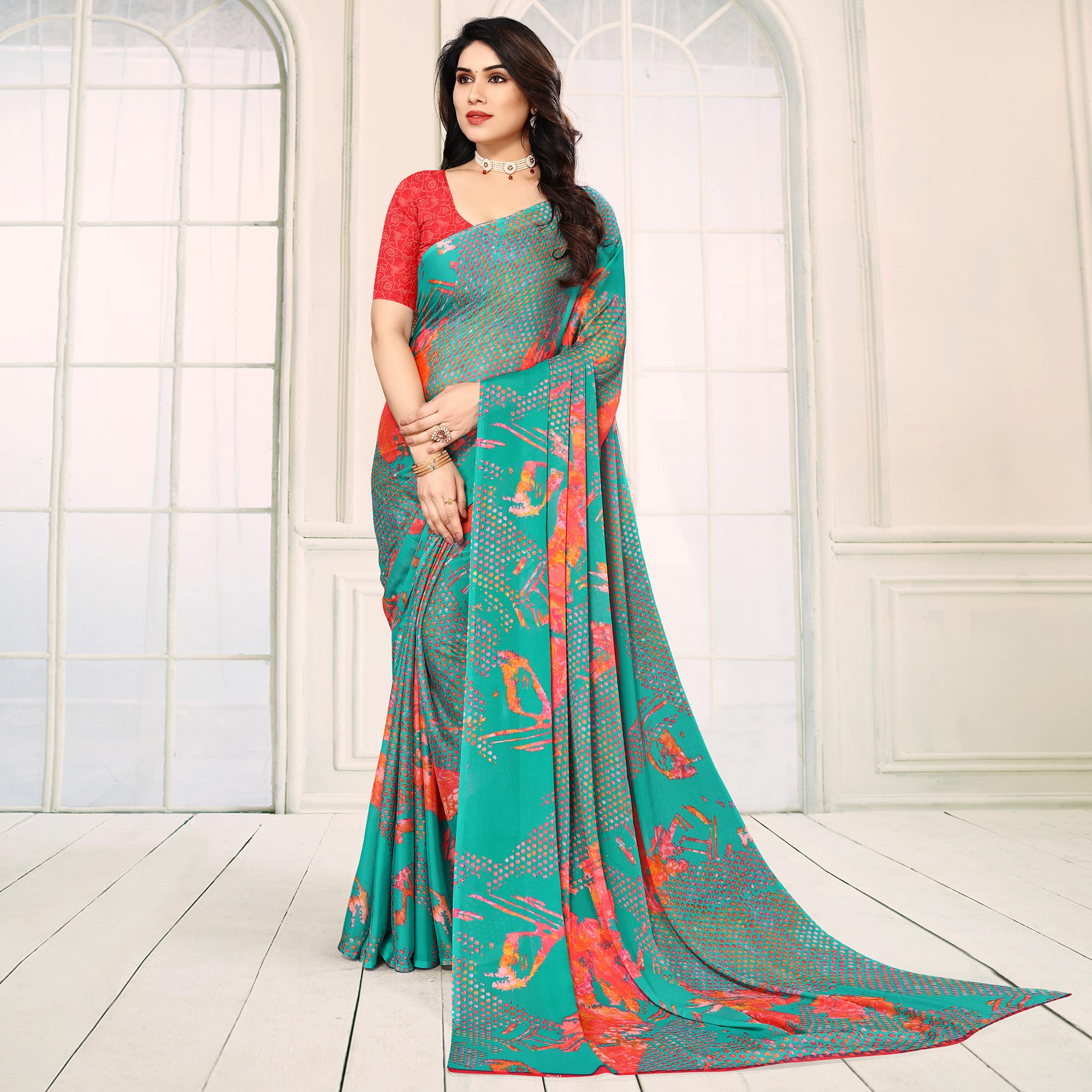 Turquoise Printed Georgette Saree
