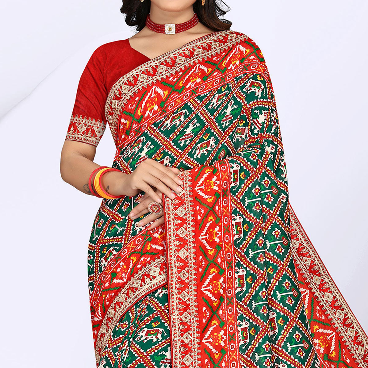 Green & Red Digital Printed With Sequins Vichitra Silk Saree