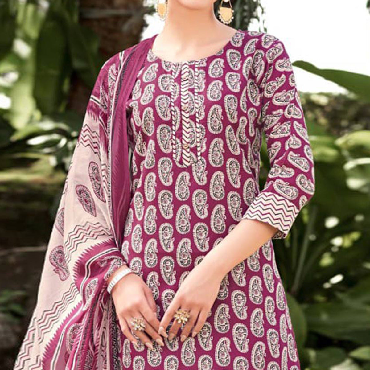 Magenta Pink Printed Cotton Blend Suit